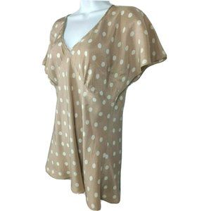 Womens Newport News 100% Silk Tan White Polka Dots Short Slv Blouse Top Medium 8